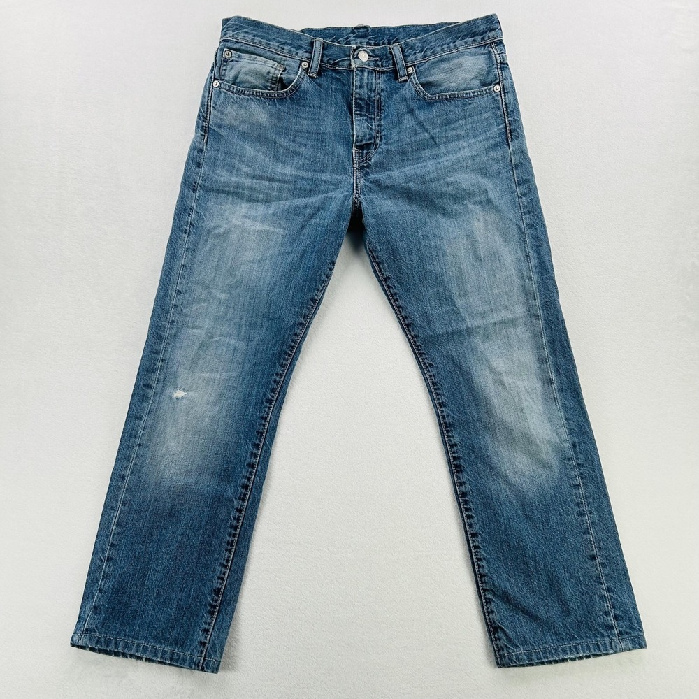 Levis 513 Jeans Mens 33x30 Blue Slim Straight Light Wash Red Tab Distressed